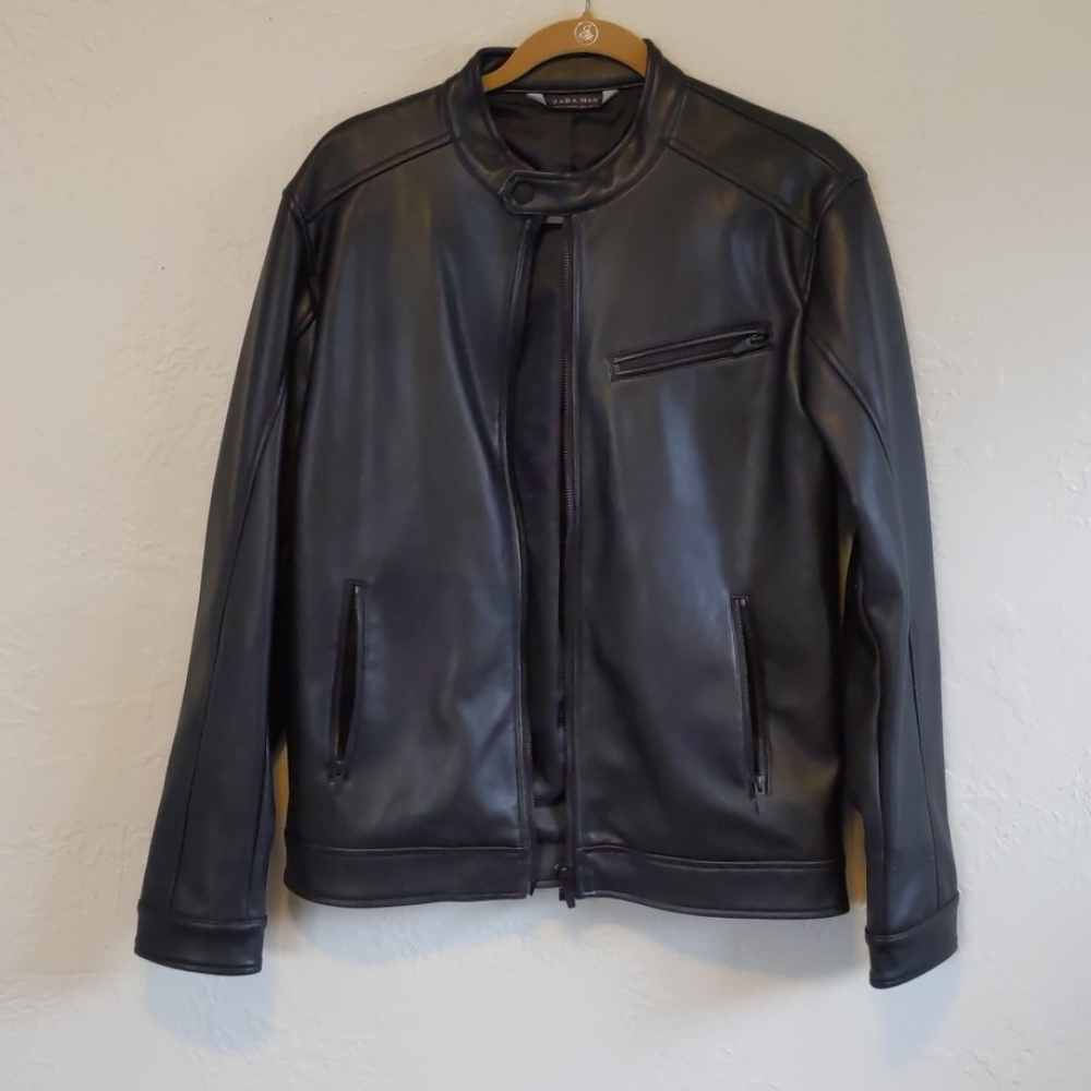 Zara black leather jacket slim fit